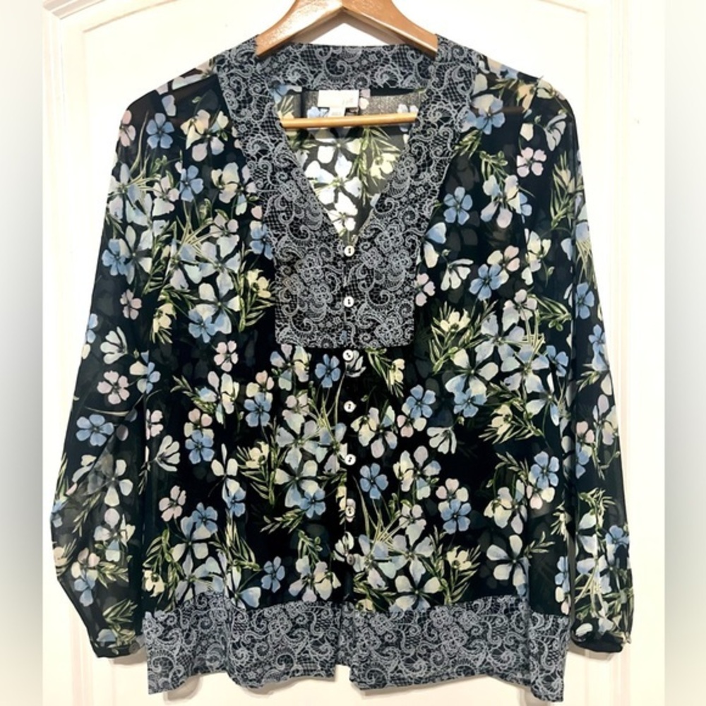 J. Jill Sheer Navy Floral Button Up Top / Blouse - Size Small Petite
